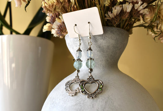 Silver color heart earrings with moonstone and fluorite